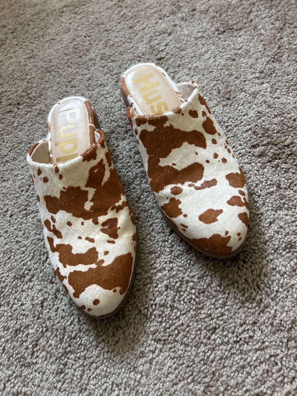 Comfortable cow print mules